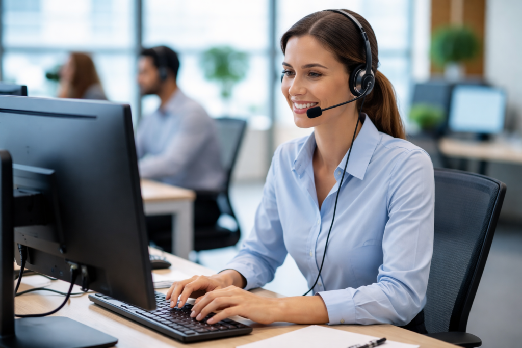 Female call handler in an office smiling whilst taking a call