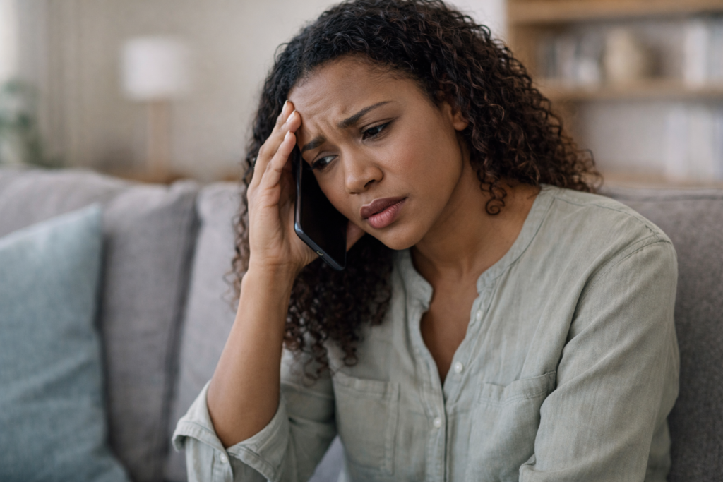 Woman sitting ona sofa holding a phone to her ear and looking sad and frustrated