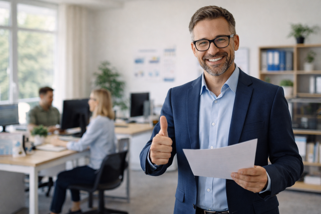Male office worker in a suit holding a piece of paper and giving a thumbs up