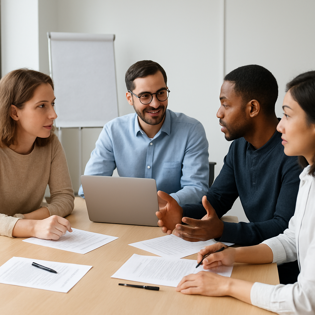 Group of professionals sitting around a desk having a discussion