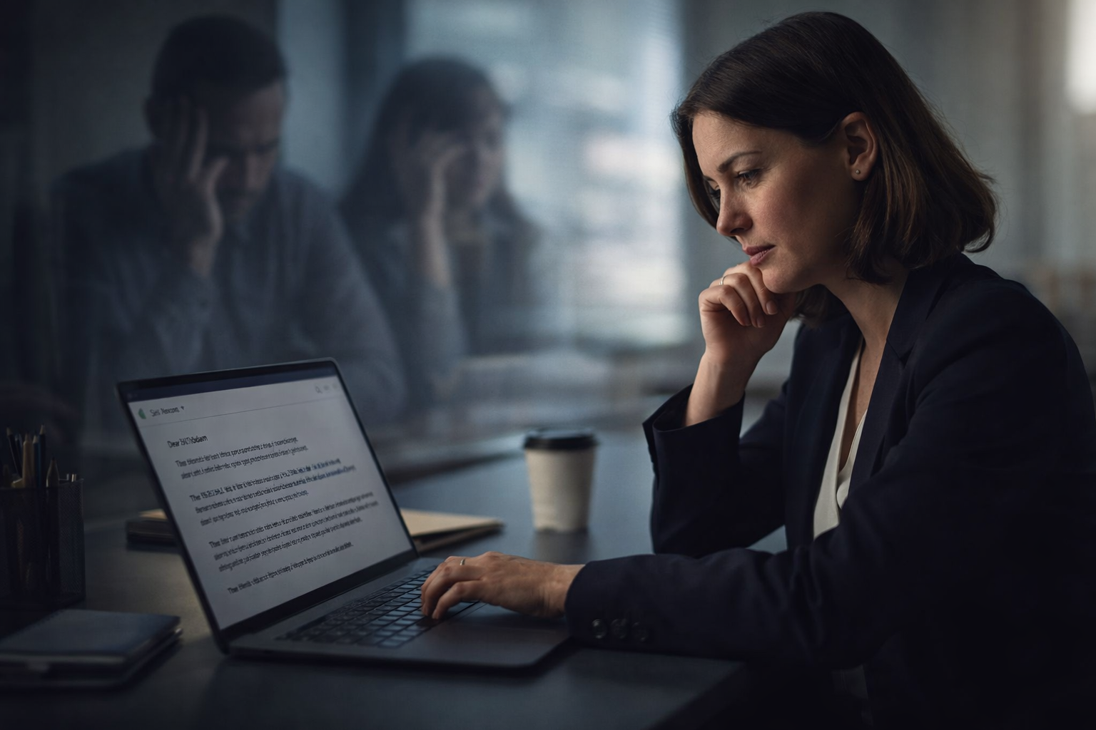 Female office worker sat at a desk typing with blurred background of people looking fed up