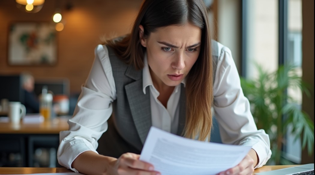 Woman at a desk reading a report and looking confused